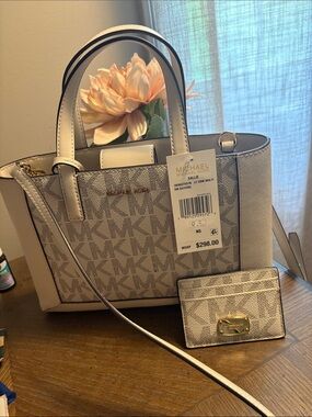 Michael Kors Beige Cream Logo-Print Satchel with Cardholder